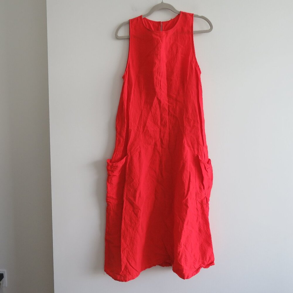 APUNTOB Red Oversized Gauzy Lagenlook Sleeveless Linen Blend Midi Pocket Dress - Picture 2 of 15